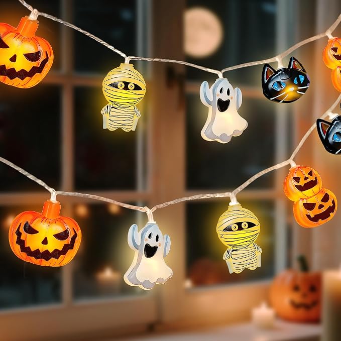 Halloween String Lights Indoor: 9.84 FT 20 LED Battery Operated Pumpkin Ghost Cat Lighted Decorations – 8 Modes Waterproof Timer for Window Porch House Room Bedroom Party Decor - string light