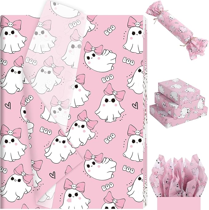 100 Sheets Pink Ghost Boo Tissue Paper, Cute Girly Ghost & Boo Pattern Wrapping Paper for Girly Halloween Baby Shower DIY Crafts Trick & Treat Party Supplies, 13.8 x 19.7 Inch - skull toilet paper