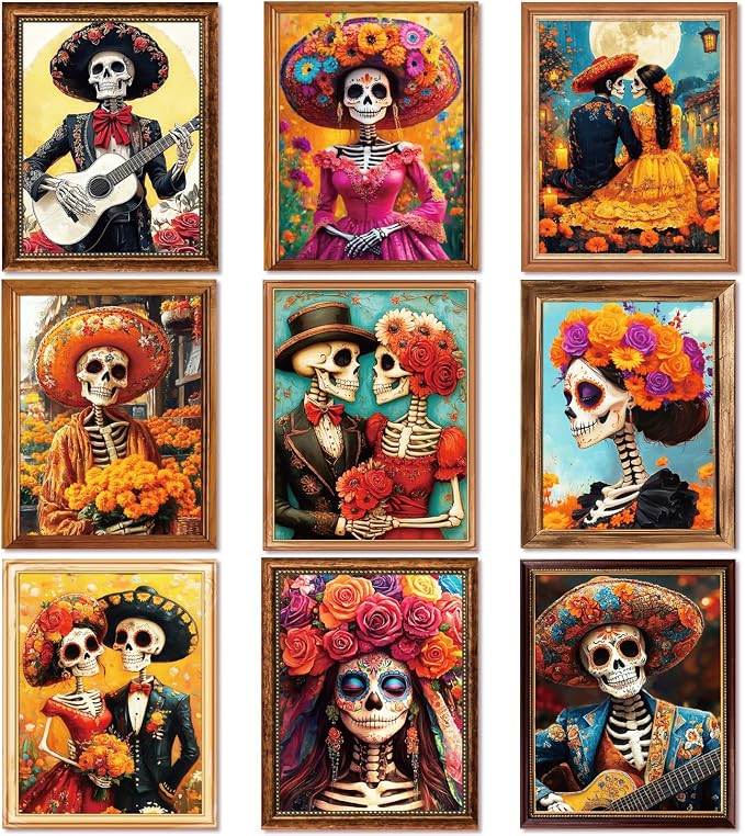 Day of The Dead Poster - 9 Pcs Mexican Day of the Dead Decorations Unframed - skull plate