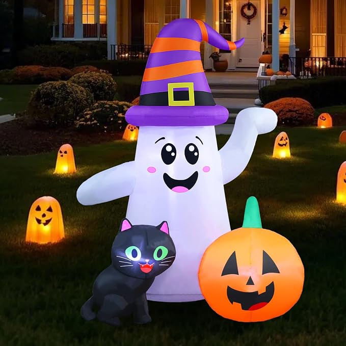 5FT Cute Halloween Inflatables Ghost, Blow Up Wizard Ghost with Pumpkin Black Cat for Garden Lawn Indoor Party Decor, Halloween Decorations Outdoor Inflatables - skull inflatable