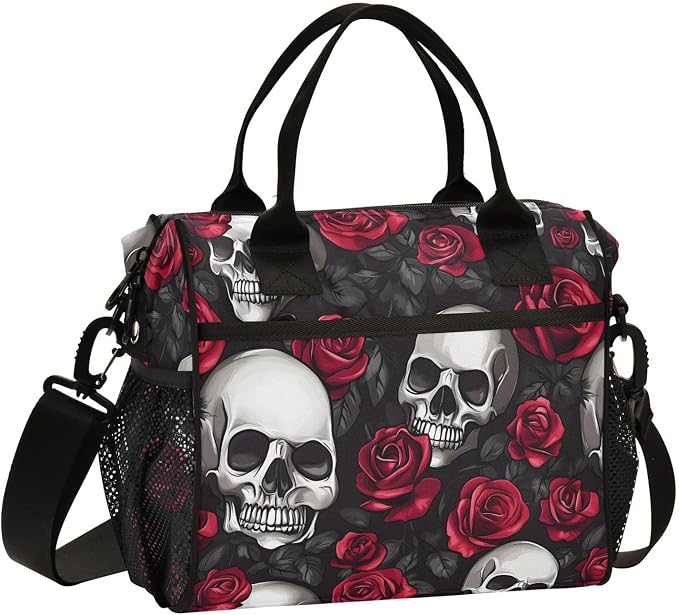 ALAZA Sugar Skull Rose Flower Retro Insulated Lunch Bags Lunchbox Cooler Reusable Large Lunch Tote Bag Shoulder Bag for Work Picnic School M - sugar skull handbags for sale