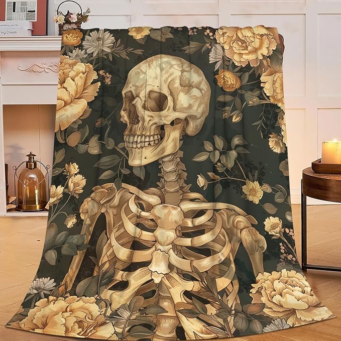 Gothic Skull Blanket Halloween Throw Blanket Spooky Skeleton Bones Flannel Stuff Merch Cozy Decor Fleece Plush Fuzzy Warm Soft Lightweight Bedding Gifts for Women Men Girl Boy Couch 50"X40" - skull blanket