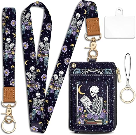 Goth Skeleton Book Lanyard Wallet with ID Badge Holder, Small RFID Keychain - skull wallet