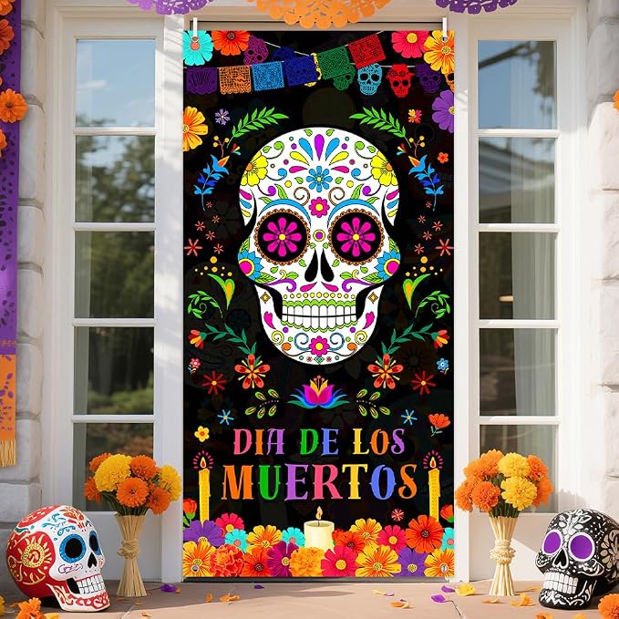 AIBIIN Day of The Dead Door Cover Banner Party Decoration for Mexican Fiesta Skull Flowers Photo Booth Background Dia DE Los Muertos for Alebrijes Mexicanos Home Wall 35.4×70.8inch