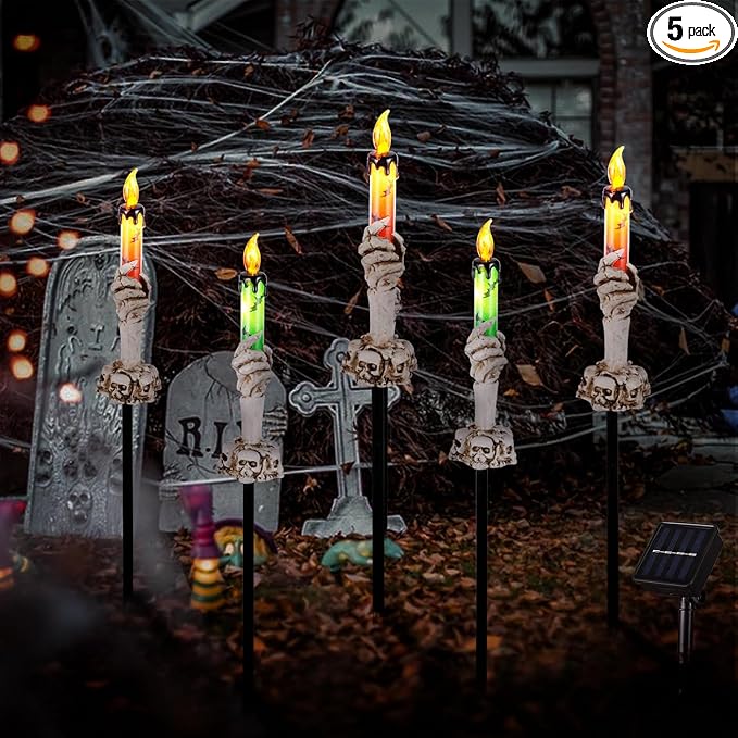 Halloween Pathway Lights, 5 Pack Candle Skull Hand Candle Holder, Waterproof Solar Halloween Led Lights, Indoor and Outdoor Party Home Garden Porch Decoration - skull candle