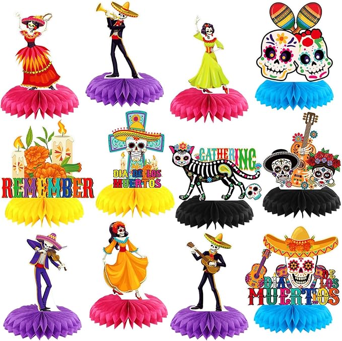 Pickmesh 12 Pieces Day of The Dead Party Decorations Honeycomb Centerpieces Dia De Los Muertos Table Decorations Sugar Skull Guitar Table Topper for Halloween Mexican Day of The Dead Party Favors - skull sticker