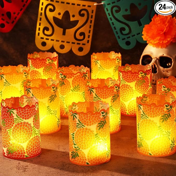 Tuanse 24 Pcs Day of The Dead Votive Candles Holders Wraps Gift, Bright - skull candle