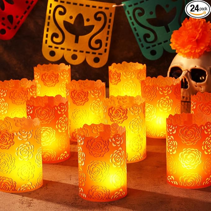 Tuanse 24 Pcs Day of The Dead Votive Candles Holders Wraps Gift, Classic - skull candle