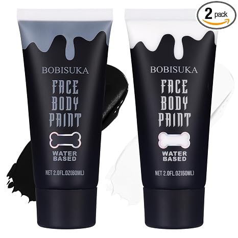 BOBISUKA Black and White Face Body Paint Kit, Water Based Face Painting for Halloween Clown Skeleton Joker Zombie Mime Sugar Skull Makeup for Women Adults, Non-Toxic Washable
