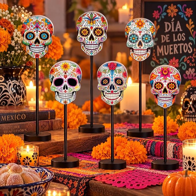 Briwooody 6 Pcs Day of The Dead Wooden Dia De Los Muertos Altar Centerpiece - skull figurine