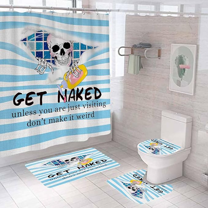 4PCS Funny Skull Shower Curtain Sets with Rugs, Get Naked Shower Curtain, Waterproof Fabric Blue White Striped Shower Curtain, Gothic Horror Scary Skeleton Modern Men Boys Kids Bathroom Decor - skull toilet rug
