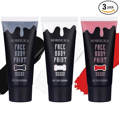 BOBISUKA Black + White + Red Face Body Paint Kit, Water Based Face Painting for Halloween Clown Skeleton Joker Zombie Mime Sugar Skull Makeup for Women Adults, Non-Toxic Washable - sugar skull makeup