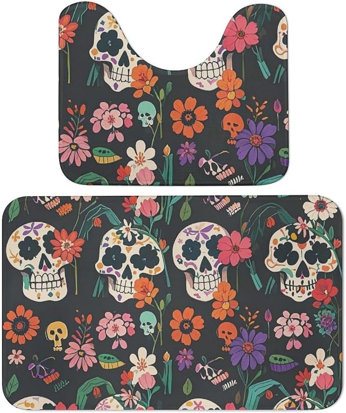 19.7"x31.5" Bathroom Rugs Sets 2 Piece Day of The Dead Floral Skull Patterns Bath Mat for Bathroom Super Absorbent Shower Rug Non-slip Floor Mat Quick Drying Bath Rug for Bedroom Kitchen Sink Bathtub - skull toilet mat