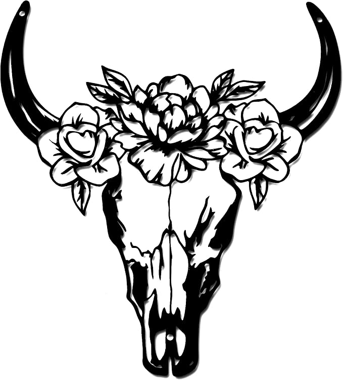 Rajukit Floral Bull Skull Metal Wall Art, Black Rustic Boho Western Decor - skull wall art