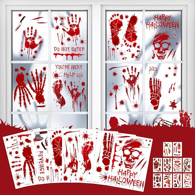 Halloween Decorations 165 PCS, 8 Sheets Upgraded Bloody Handprint Footprint - skull sticker
