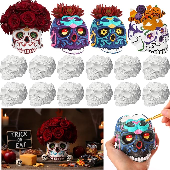 Leitee 12 Pcs 4.72 in Halloween Mexican Sugar Skulls Planter Pots to Paint - skull painting