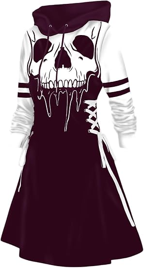 DRESSFO Women’s Gothic Skull Print Hoodie Dress – Long Sleeve Lace Up Colorblock A-Line Mini Dress with Hood