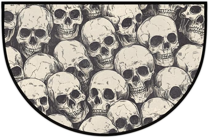 Front Door Mat Indoor Outdoor Entrance, Skull Gothic Half Round Door Mat Absorbent Non-Slip Backing Welcome Doormat Patio Entryway Low Profile Floor Mats for Kitchen Fireplace 36" x 24" - skull floor mat