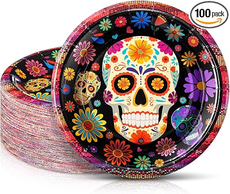 Filltouch 100 Pcs Day of The Dead Paper Plates, 7" Sugar Skull Plates - skull plate