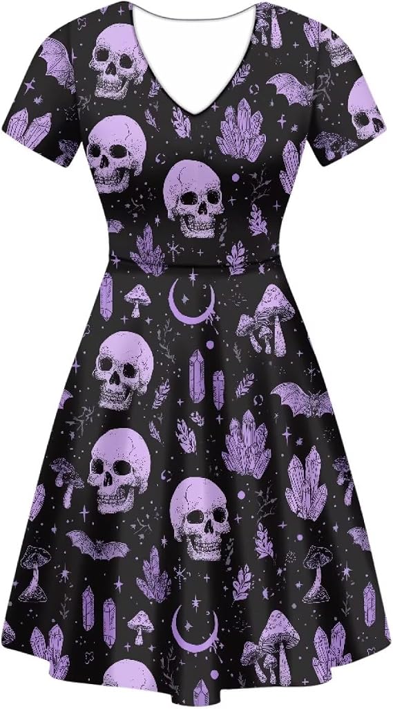 Xpyiqun Women Summer Dress A-line Party Dance Dresses 1/4 Sleeve T-shirt Dress - sugar skull dress