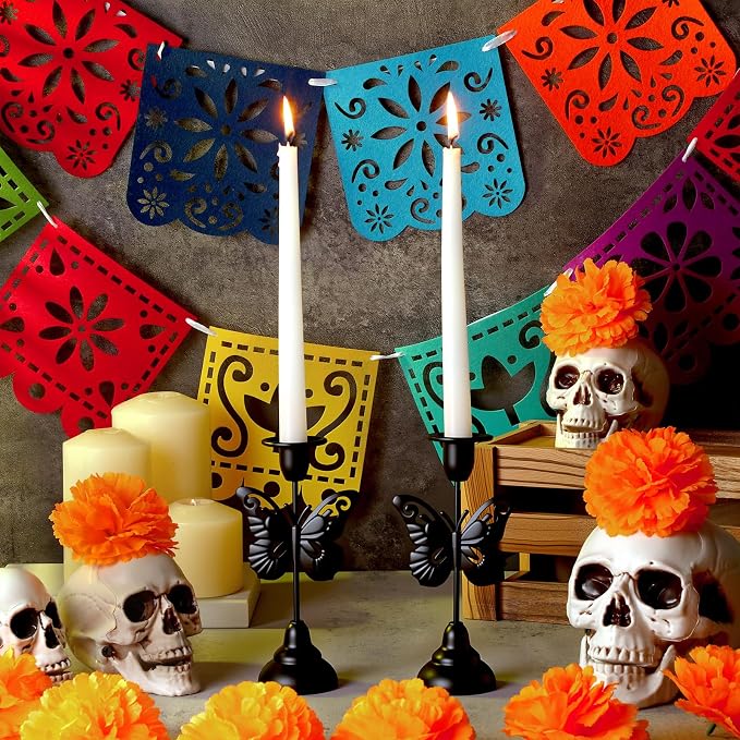 Chengu 2 Pcs Day of The Dead Butterfly Candle Holders Día De Los Muertos - skull candle