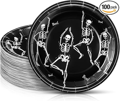 FillTouch 100 Pcs Halloween Skeleton Paper Plates 7" Halloween Desset Plate - skull plate