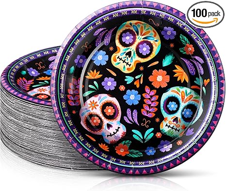 Filltouch 100 Pcs Day of The Dead Paper Plates, 7" Sugar Skull Plates - skull plate