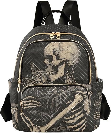 Skull Women Fashion Backpack Purse Cat and Skeleton Skull Backpack Casual Lightweight Travel Shoulder Bag - sugar skull handbags for sale