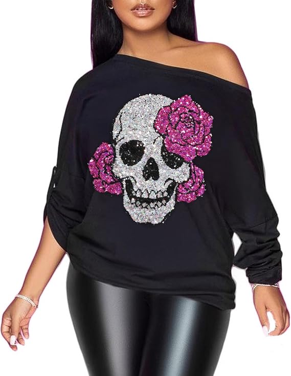 PESION Womens Off The Shoulder Tops Sexy Shiny Metallic Shirts Long Sleeves Fashion Graphic T-Shirts Blouses - skull sweatshirts