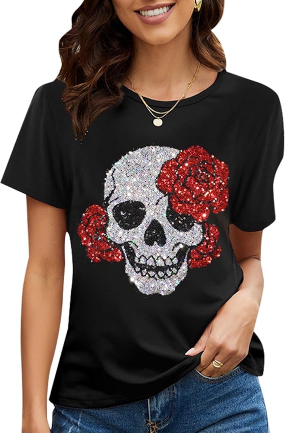 PESION Womens Short Sleeve T-Shirt Sequined Tops O-Neck Funny Graphic Tees Blouse - skull hoodie