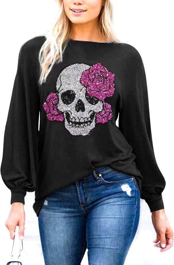 PESION Womens Casual Bishop Sleeve Blouse Boat Neck T-Shirts Tunic Tops - sugar skull dress