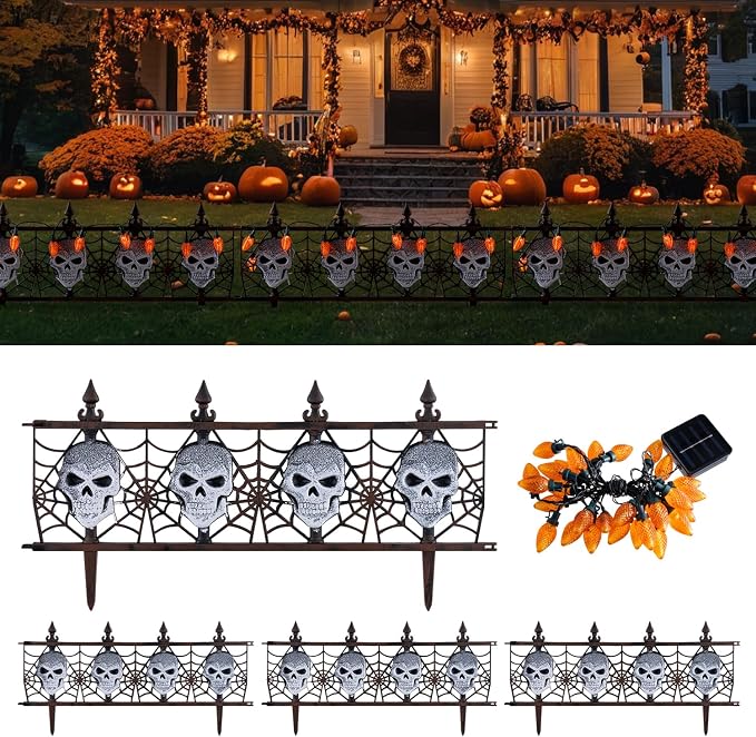 YI 4 PCS Halloween Garden Fence Decoration with 1 Solar Light Strip Decor, 12.8 x 25.5 Inch Skull and Bones Skeleton Fence Barrier for Outdoor Courtyard Patio Lawn Landscape Decor - string light