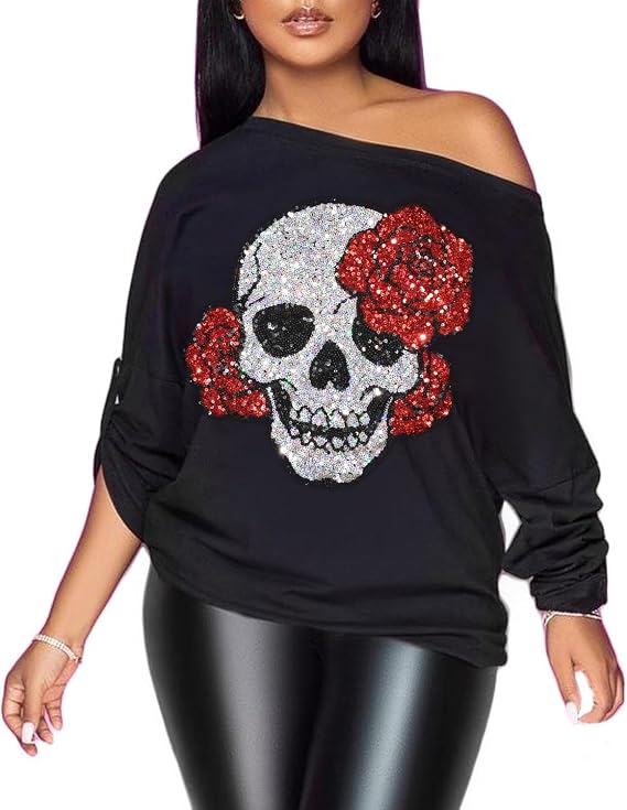 PESION Womens Off The Shoulder Tops Sexy Shiny Metallic Shirts Long Sleeves Fashion Graphic T-Shirts Blouses - skull sweatshirts