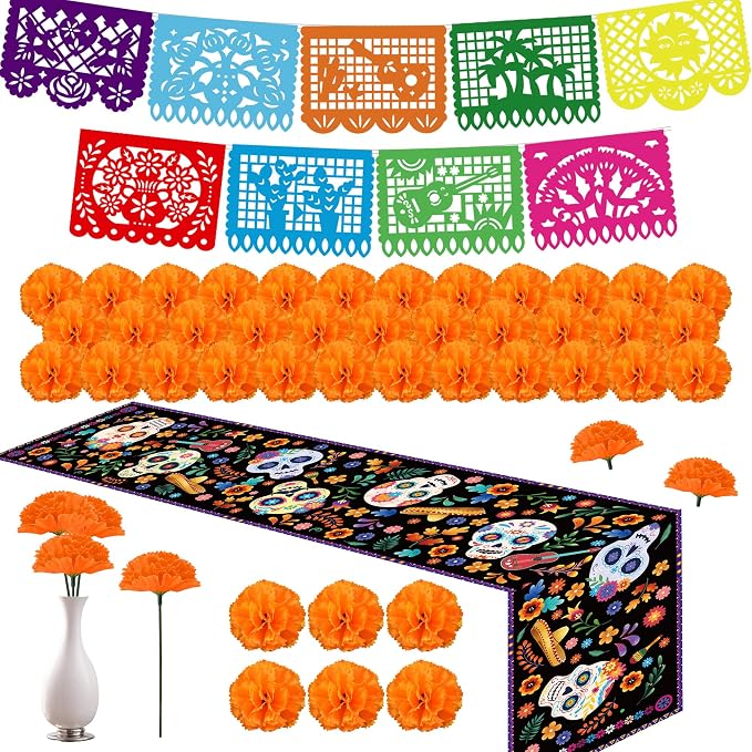 Dia De Los Muertos Decorations, Ofrenda Decorations for Altar, 2Pcs Papel Picado, Linen Mexican Table Runner, 50Pcs Marigold Garland for Day of The Dead - skull carpet