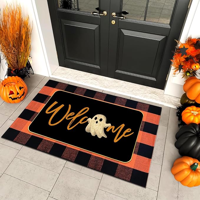 2 Pcs Halloween Door Mat Combo Set Ghost Welcome Doormat + 28″ x 43″ Orange and Black Buffalo Plaid Rug for Fall Thanksgiving Halloween Porch Entryway Indoor Outdoor Decor