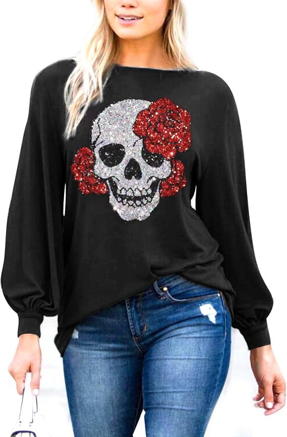 PESION Womens Casual Bishop Sleeve Blouse Boat Neck T-Shirts Tunic Tops - skull sweatshirts