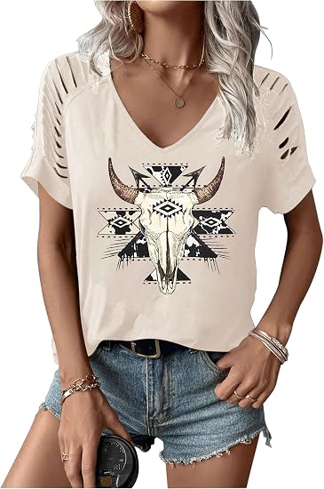 Women's Cut Out V Neck T-Shirts Boho Floral Graphic Tee Summer Cold Shoulder Short Sleeved Tops - skull tshirt
