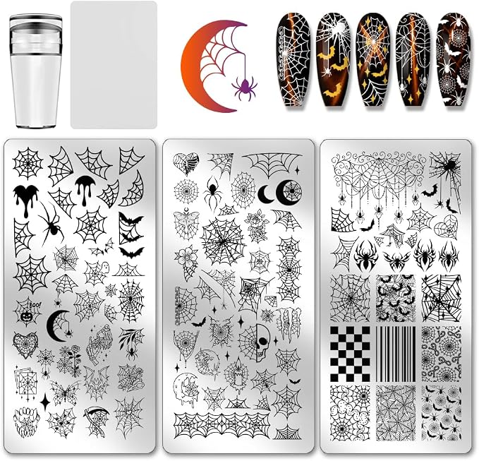 PH PandaHall 3pcs Halloween Nail Stamp Plate Spider Web Pattern Print Art Template Stainless Steel Nail Image Plate Spider Skull Nails Stencil for Halloween Women Nails Decoration 4.7x2.3 inch - skull plate