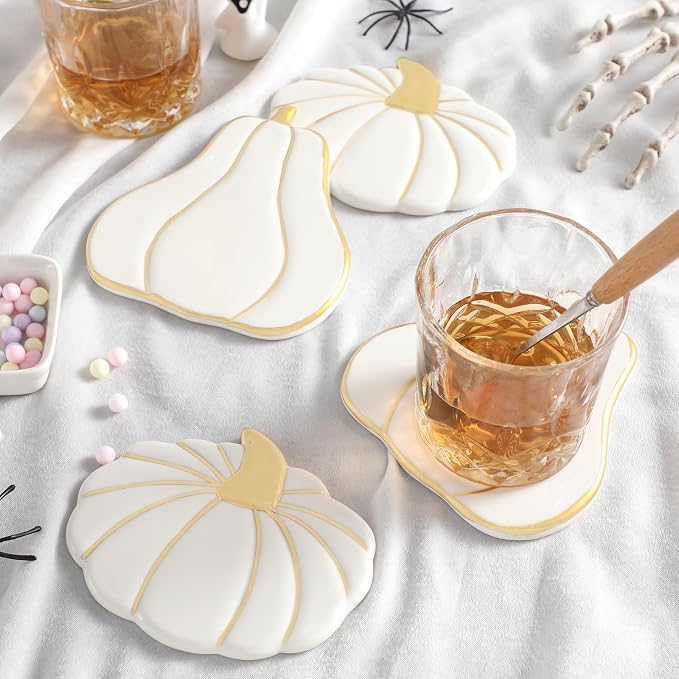 Hushee 4 Pcs Marble Pumpkin Fall Coasters Drink Coasters - skull coaster