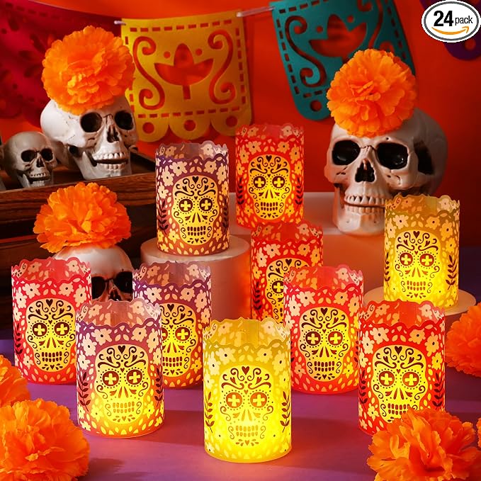 Tuanse 24 Pcs Dia De Los Muertos Candle Holder Luminary Paper Decorations - skull candle