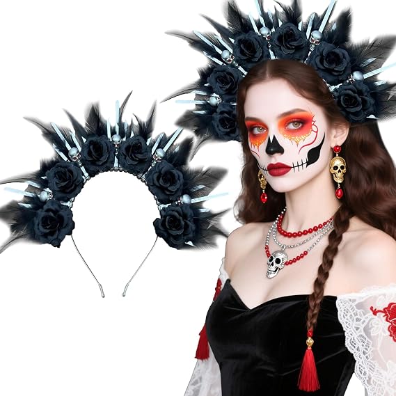JeVenis Black Skull Mexican Flower Crown Headband Cinco De Mayo Costume - skull headband