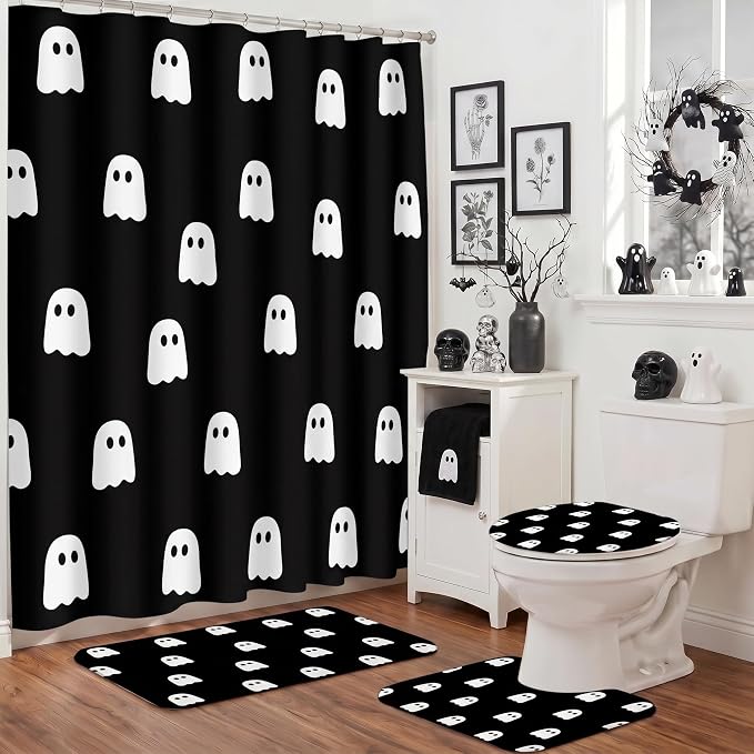 6 Pcs Halloween Ghost Shower Curtain Set 72 x 72 in - skull toilet mat