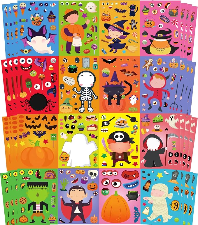 64 Sheets Halloween Stickers for Kids，Halloween Crafts Make-a-face Stickers - skull sticker