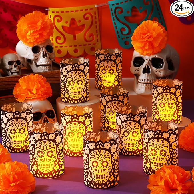 Tuanse 24 Pcs Day of The Dead Paper Luminaries Black Candle Holders - skull candle