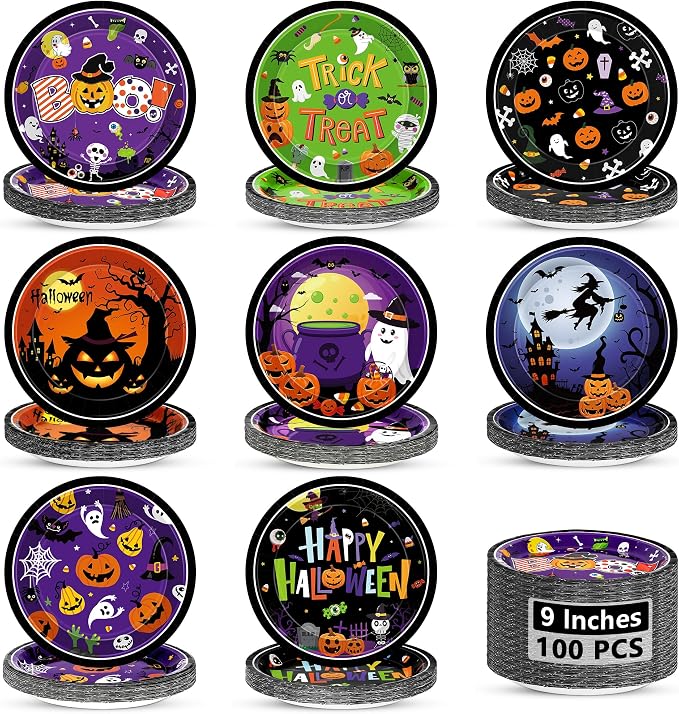 100 PCS Bulk Halloween Paper Plates, 9" Halloween Party Favors 8 Designs - skull plate