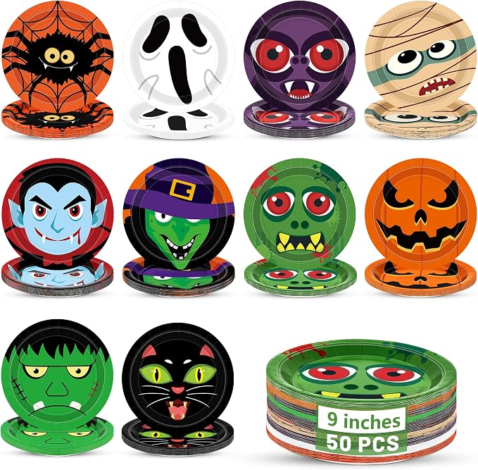 50 Pcs Halloween Paper Plates, 9" Cartoon Ghost Pumpkin Plates 10 Designs - skull plate