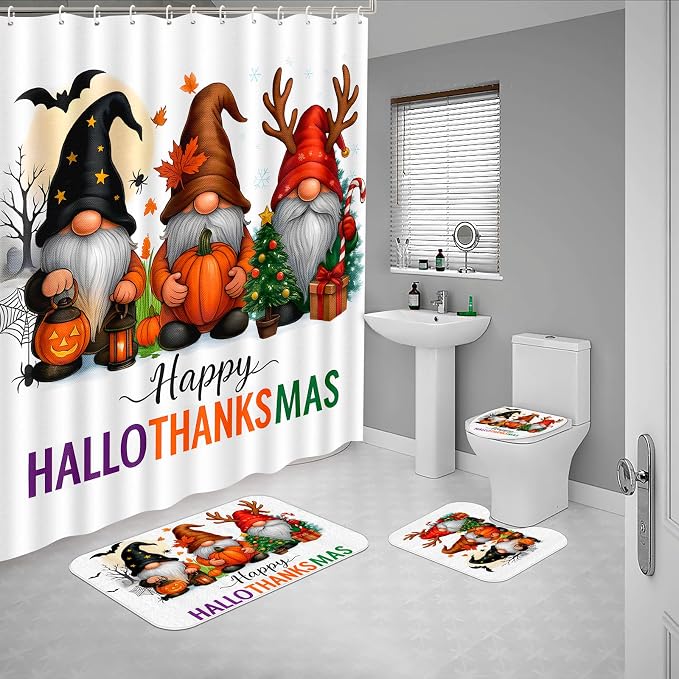 4Pcs Halloween Shower Curtain Bathroom Set - Gnome Hallothanksmas Fall Autumn Thanksgiving Christmas Non Slip Rugs Toilet Lid Cover Bath Mat with 12 Hooks Decor - skull toilet mat