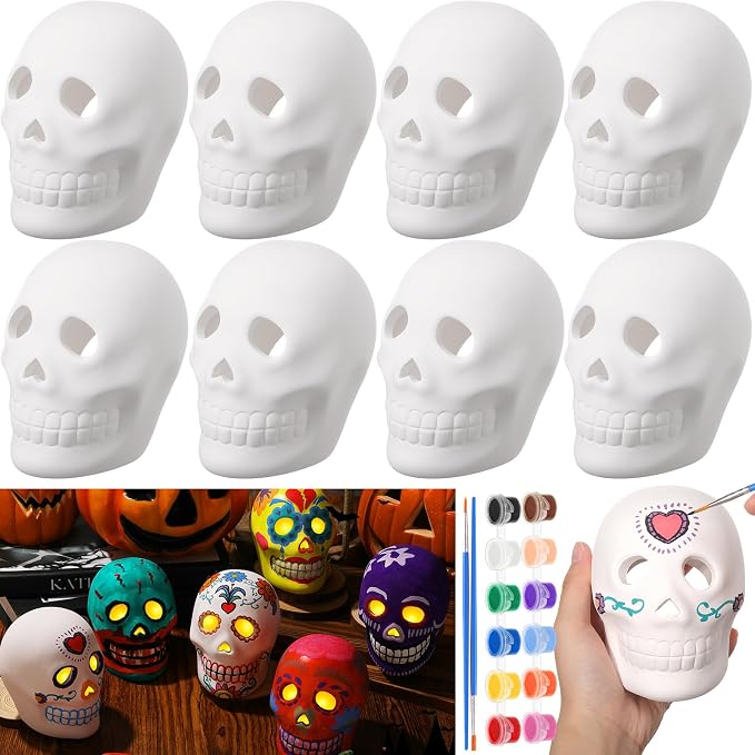 Leitee 9 Pcs Halloween Ceramic Skulls to Paint Blank Sugar Skull Lanterns