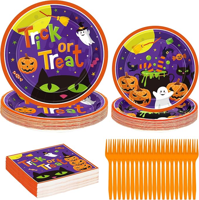 96 Pcs Halloween Plates and Napkins, Disposable 9" and 7" Halloween Decor - skull plate