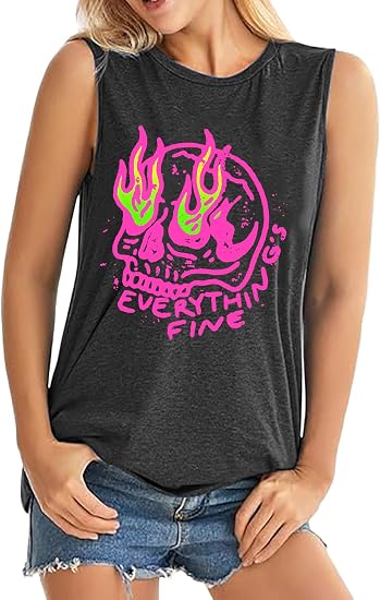 ALUS Womens Graphic Tank Tops Summer T Shirts Sleeveless Casual Loose Tunic Blouses - skull tank tops